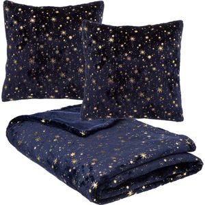 Deken/plaid met 2x kussentjes - sterren hemel - blauw/goud - polyester