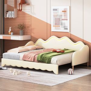 Sweiko Gestoffeerd bed 90(180)*190cm, multifunctionele 2-in-1 slaapbank, kinderbed van eco-leer met LED verlichting, met lattenboden, beige