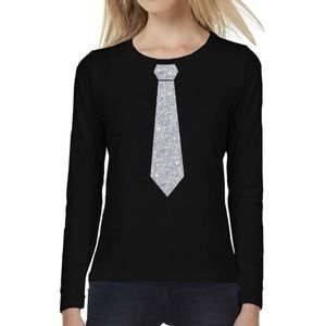 Stropdas zilver glitter long sleeve t-shirt zwart voor dames- zwart shirt met lange mouwen en stropdas bedrukking voor dames XS