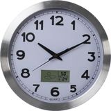 Perel Wandklok, rond, analoog, 35 cm, lcd-scherm met thermometer, hygrometer en weersvoorspelling, aluminium, zilver