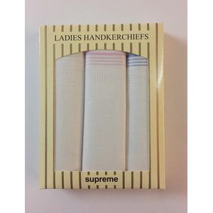 Cadeau doosje met 3 katoenen dames zakdoeken - wit met gekleurde streepjes