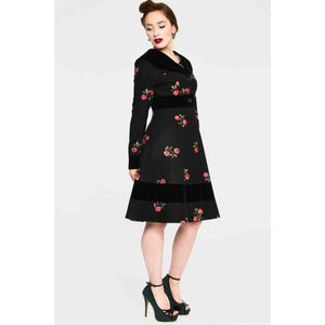 Voodoo Vixen - Flo Black and Red Floral Flocked Winterjas - XL - Zwart