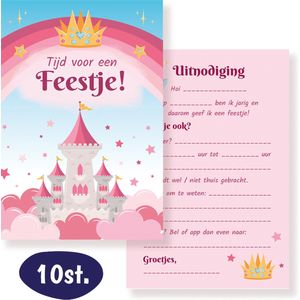 Uitnodiging Kinderfeestje – 10 stuks – Prinses Uitnodigingskaarten – Prinsessen Kasteel – Uitnodigingen Verjaardag Feestje – Meisje