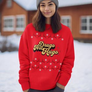 Lekker Waus Foute Kersttrui Rood - Drugs Not Hugs - Maat XS - Kerst Outfit Dames & Heren