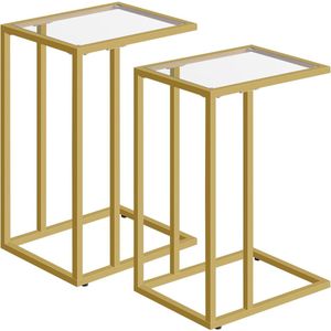 bijzettafel van gehard glas met metalen frame voor kleine ruimtes, bank en bed, moderne stijl, goudkleurig
