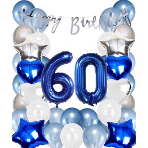 Snoes Ballonnen 60 Jaar Set Mega Blauw Zilver Ballon - Compleet Feestpakket Cijferballon 60 Jaar - Verjaardag Versiering Slinger Happy Birthday – Folieballon – Latex Ballonnen - Helium Ballonnen