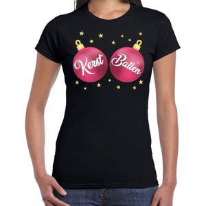 Fout kerst t-shirt zwart met roze kerst ballen borsten voor dames - kerstkleding / christmas outfit XS