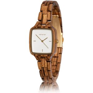 HOT&TOT | Donar Petite - Houten horloge voor dames - Vierkant - Zebrano hout - 28mm - Goud - Wit