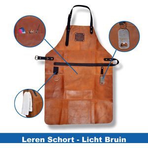Leren Schort Mannen - Licht Bruin - 81 x 56 cm - Barbecue Schort Man - Cognac Keukenschort - BBQ Schort met Groot Vak - Flesopener en Ring voor Handdoek