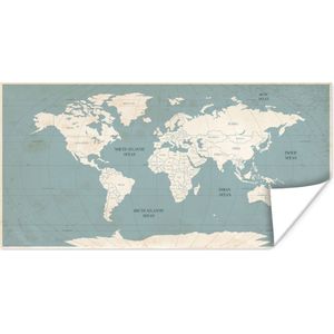 Wereldkaart Muur - Wereldkaart - Vintage - Blauw - 40x20 cm - Poster