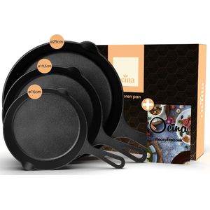 Ocina Gietijzeren Pannen Set voor BBQ en Inductie – 16cm – 19.5cm - 25cm – Koekenpan – Hapjespan