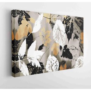 Art graphic and watercolor autumn colorful background with sketching leaves and flowers in old gold, white and black colors - Modern Art Canvas - Horizontal - 1159310938 - 80*60 Horizontal