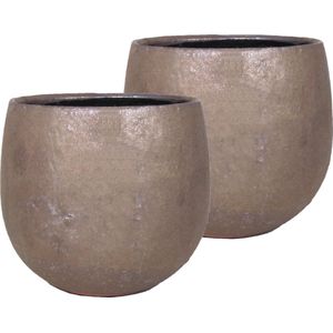 Set van 2x stuks bloempot/plantenpot schaal van keramiek in een glanzend brons kleur met diameter 19 cm en hoogte 17 cm - Binnen gebruik