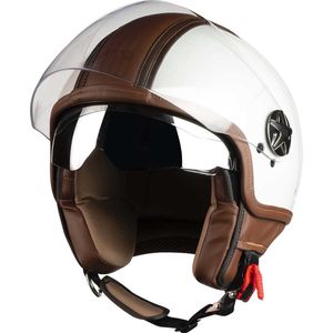 Motocubo | top cube | jethelm met dubbel vizier | wit - bruin leer | maat XS | scooterhelm