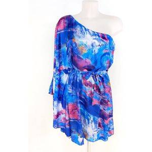 One shoulder jurk - Blauw - Open schouder jurkje - Met taille ceintuur - Stretch - Vlinder mouwen - Een mouw - Korte jurk - Fuchsia/roze - One-size - Een maat