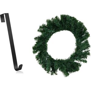Kerstkrans met hanger - Groen / Zwart - PVC / Metaal - 75 x 35 cm - 95 tips - Deurhanger - Kerstmis - versiering