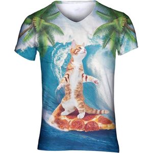 Pizza surfer kat Maat L V - hals - Festival shirt - Superfout - Fout T-shirt - Feestkleding - Festival outfit - Foute kleding - Kattenshirt - Kleding fout feest - Foute party kleding