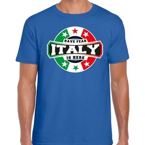 Have fear Italy is here t-shirt met sterren embleem in de kleuren van de Italiaanse vlag - blauw - heren - Italie supporter / Italiaans elftal fan shirt / EK / WK / kleding L