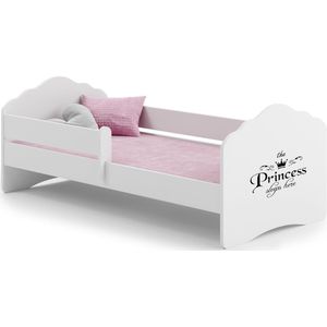 Kinderbed Fala 140x70 met grafische elementen voor kinderen en een balustrade, inclusief matras en onderstel