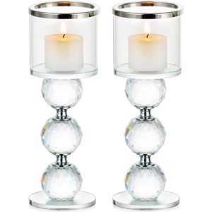 Kristallen kandelaar, set van 2 stuks, kaarsenhouder, theelichthouder, glas voor stompkaarsen, drijvende kaarsen, theelicht, geschenk, bruiloft, woonkamer, badkamer, tafel, huisfeestdecoratie, zilver