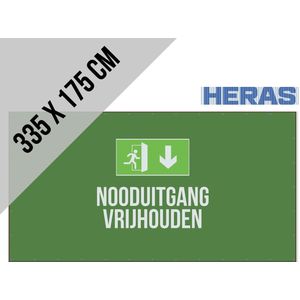 Heras werfhek doek met ringen | ""Nooduitgang vrijhouden"" | 335 x 175 cm | Meshdoek Wind doorlatend | Veiligheid eerst | Bouwwerf | Werfhekken | Hekkens | Veiligheidsvoorschriften | Brandweg | Festival | Evenement | 1 stuk