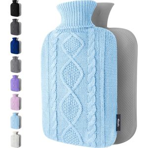 Qomfor - Kruik met Gebreide Hoes - 1.8L Inhoud - Warmwaterkruik voor Pijnverlichting in de Rug, Nek & Schouders en Buik - Blauw