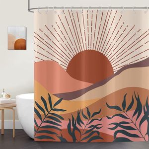 Boho Style Douchegordijn, 180 x 200 cm, modern, abstract, kunst, zonsondergang, bladeren, beige, badkamer, wasbaar, polyester textiel, waterdicht, douchegordijn voor bad, met 12 haken