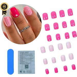 GUAPÀ® Plaknagels | 24 stuks valse nagels | Press On Nails | Zelfklevende Plaknagels | Nepnagels | Kunstnagels | Compleet plaknagels starterspakket | Nagels Wraps | Nail Art | Zomer Nagels | Feest Nagels | 24 stuks plaknagels Roze met Hartjes