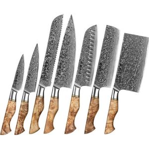 Luxe en Professionele 7-delige Keukenmessen-set van Damascus Staal (67 lagen, VG10) | HEZHEN B30 Series | Handvat van Plataanhout met Klinknagel Mozaïek | Koksmes + Broodmes + Nakiri Hakmes + Hakmes + Santokumes + Groentemes + Schilmes