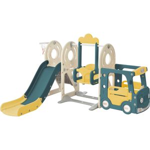 ZYLARO Speeltoestel, 5 in 1 kinderglijbaancombinatie met bus, schommel, glijbaan, trapje, basketbalring en bijpassende basketbal, groente, voor kinderen van 1-6 jaar