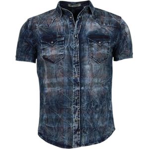 Denim Heren Overhemd - Korte Mouwen - Kleur Print - Blauw