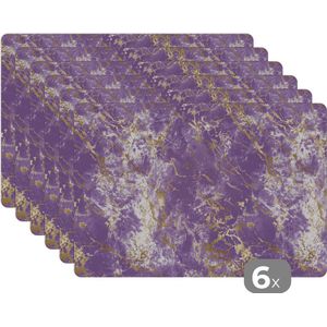 Placemat - Placemats kunststof - 45x30 cm - Marmer - Luxe - Paars - Goud - Patronen - 6 stuks - Borden onderleggers antislip - Tafel decoratie - Luxe tafelversiering - Tafelmat vinyl - Bord onderlegger - Tafeldecoratie accessoires