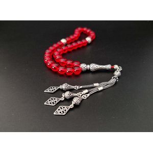 Handgemaakte natuursteen tesbih met Klauw tassel 925 zilver -""Rode kwarts"" - met 925 Zilver Kwastjes ""Specifieke vorm"" - Aantal kralen 33 - Diameter kralen 8MM