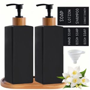 Zeepdispenser, matzwart, 350 ml, zeepdispenser, badkamerset voor handwas, afwasmiddel, shampoo-lotions fles voor werkblad, keuken, bijkeuken (bamboe, zwart)