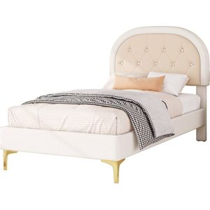 Merax Gestoffeerd Bed 90x200 cm – Bed met Lattenbodem - Gebogen Hoofdbord en Gouden Metalen Poten – Samt Beige - Minimalistisch Design