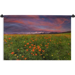 Wandkleed Bloemenweide - Roze lucht boven een bloemenweide Wandkleed katoen 180x120 cm - Wandtapijt met foto XXL / Groot formaat!