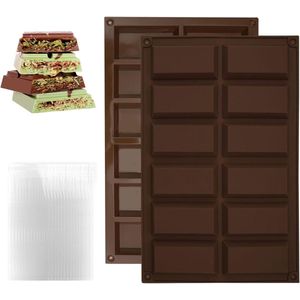 2 Stuks Siliconen Chocoladevorm - 12 Holtes Diep - Met 100 Transparante Zakken - BPA-Vrij en Niet-Klevend