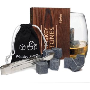 Aretica Whiskey Stones Gift box / Voor een echte whiskey on the rocks / Herbruikbare natuurstenen ijsblokjes / Ice cubes / Cadeau set in houten doosje / Ijsklontjes van steen - Set van 9 stuks