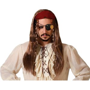 Atosa Verkleedpruik voor heren met lang stijl haar - Bruin - Piraat - Carnaval - met haarband