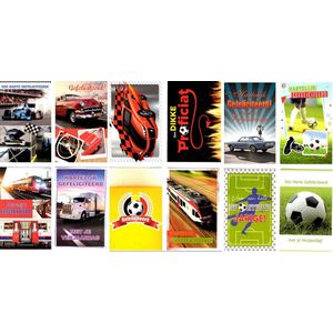 12 Mannen Felicitatie Wenskaarten - Auto's / Voetbal - 16x11cm - Gevouwen kaart met envelop