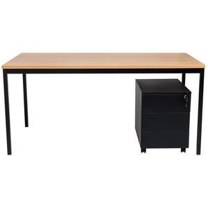 Furni24 Bureau 200x80x75 cm, tafel zwart/beuk inclusief stalen rolblok met 3 laden in antraciet