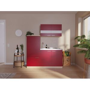 Goedkope keuken 160  cm - complete kleine keuken met apparatuur Luis - Eiken/Rood - elektrische kookplaat  - koelkast  - mini keuken - compacte keuken - keukenblok met apparatuur