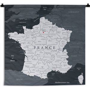 Wandkleed Kaart Frankrijk - Donkergrijze kaart van Frankrijk Wandkleed katoen 150x150 cm - Wandtapijt met foto