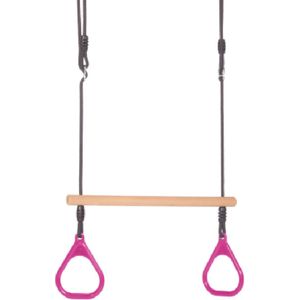 DICE - houten trapeze met kunststof ringen - roze - zwart touw