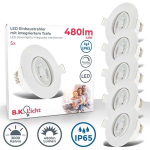 B.K.Licht - LED Badkamer Inbouwspots - dimbaar - set van 5 - badkamerverlichting - IP65 - wit - 9 x 4,2 cm (DxH)