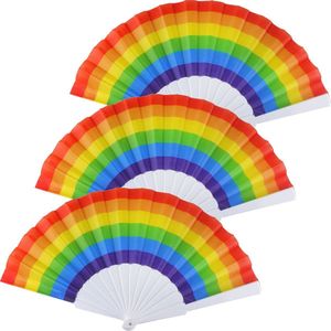 4x Spaanse hand waaiers regenboog/rainbow/pride vlag 14 x 23 cm - Zomer accessoires - Verkoelings producten - Pride musthaves