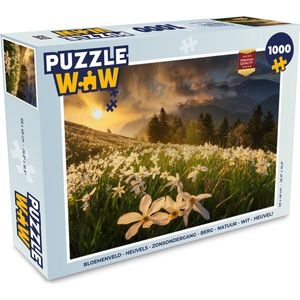 Puzzel Bloemenveld - Heuvels - Zonsondergang - Berg - Natuur - Wit - Heuvels - Legpuzzel - Puzzel 1000 stukjes volwassenen