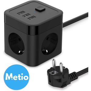 Metio - Cube Stekkerdoos met USB en Schakelaar - 3 Stopcontacten, 3 USB-Poorten (15,5W), 1,5M Kabel, Aan/Uit-Schakelaar, Reisklaar Ontwerp - Zwart Kunststof