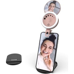 LED Ring Light met standaard en spiegel - 3 modi, 7 lichtintensiteiten - Selfie Ring Light TikTok - USB Oplaadbaar - 24 LED's Universeel - Roze