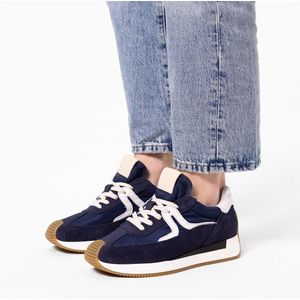 Manfield - Dames - Blauwe suède sneaker met leren details - Maat 41